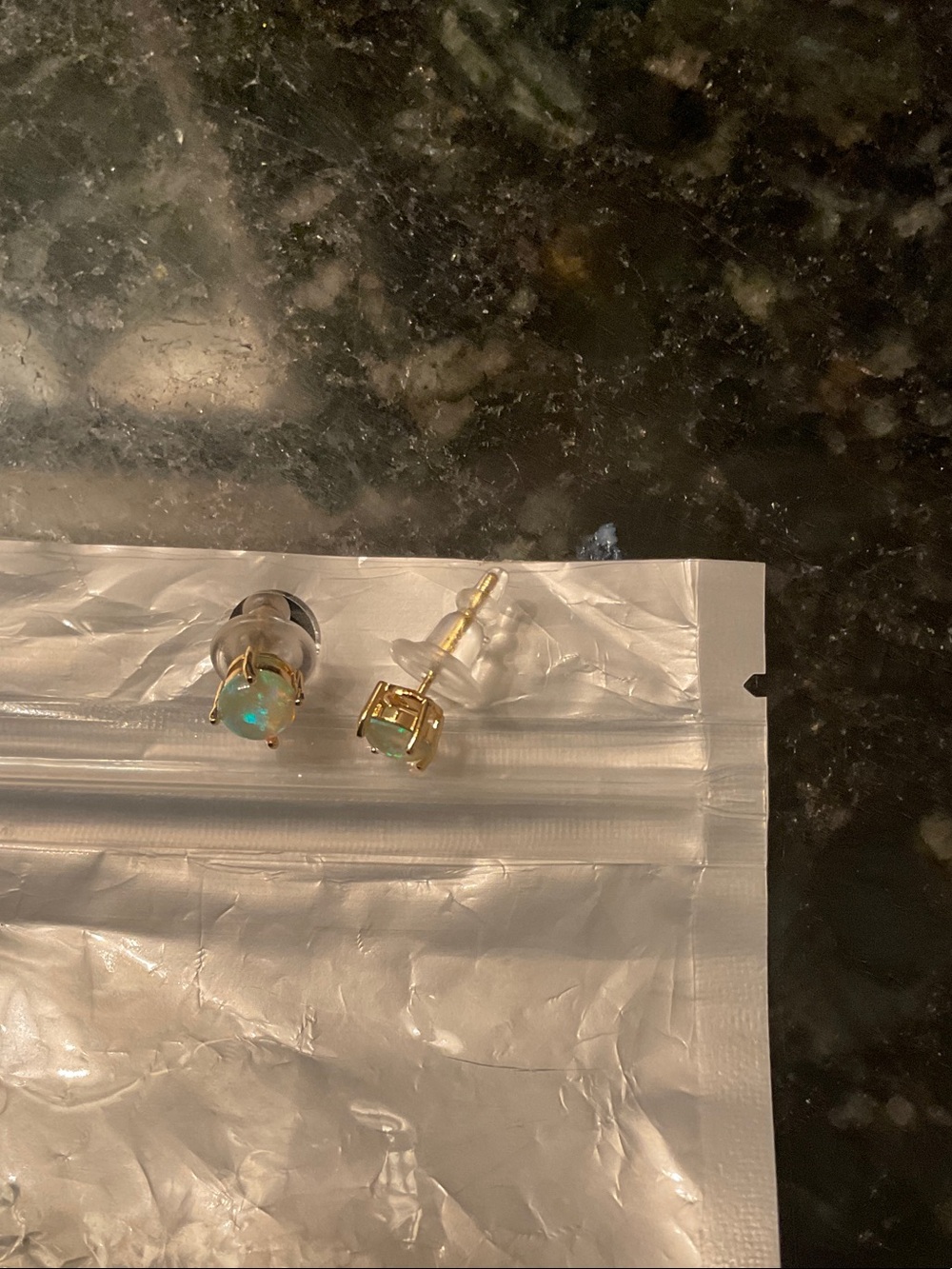 Gold Opal Stud Earrings - Iridescent Blue-Green Opal